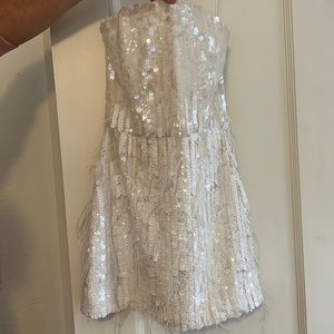 Retrofete strapless mini white dress with sparkles and feathers